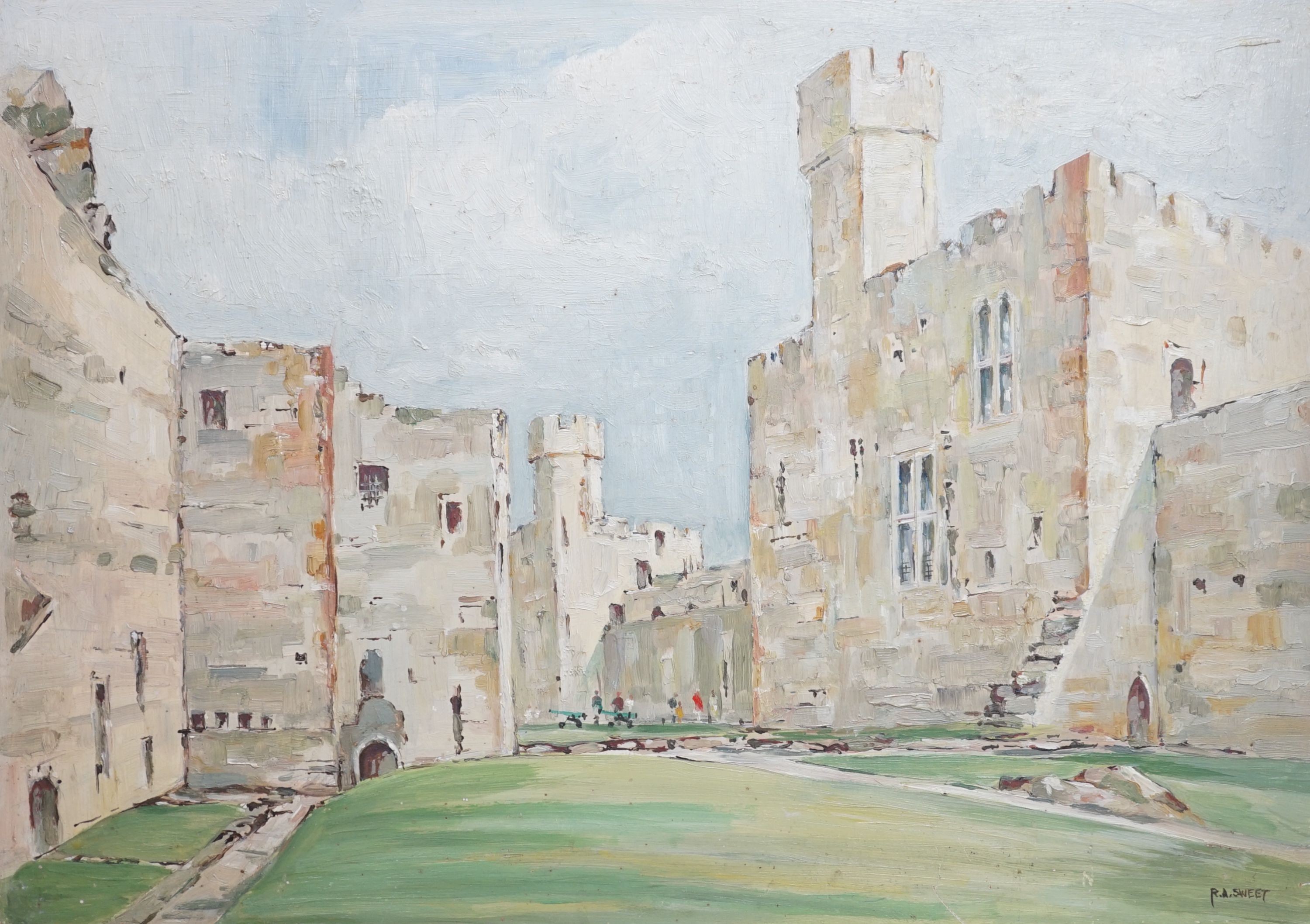 R. A. Sweet, oil on board, Castle Ruins, signed, 44 x 62cm, unframed